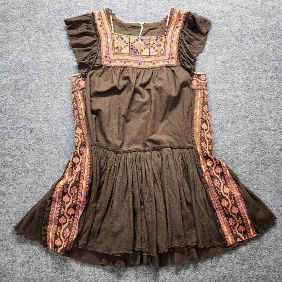 Free People Day Glow Mini Dress Size Small Boho Embroidered Raw Edge Open Back - Picture 6 of 16